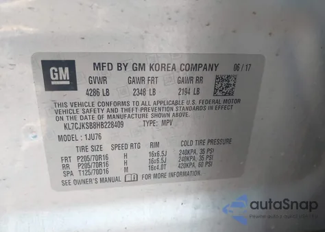 2017 Chevrolet Trax Ls z USA, uszkodzony, nr VIN KL7CJKSB8HB228409